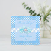 Invitation Baby Shower Garçon Bébé Bleu Blanc Points à Carrea (Debout devant)