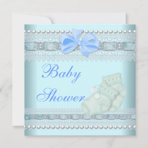Invitation Baby Shower Garçon Bébé Bleu Chaussons Broderie de