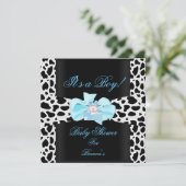 Invitation Baby shower Garçon Bébé Bleu Noir Blanc Vache Impr (Debout devant)