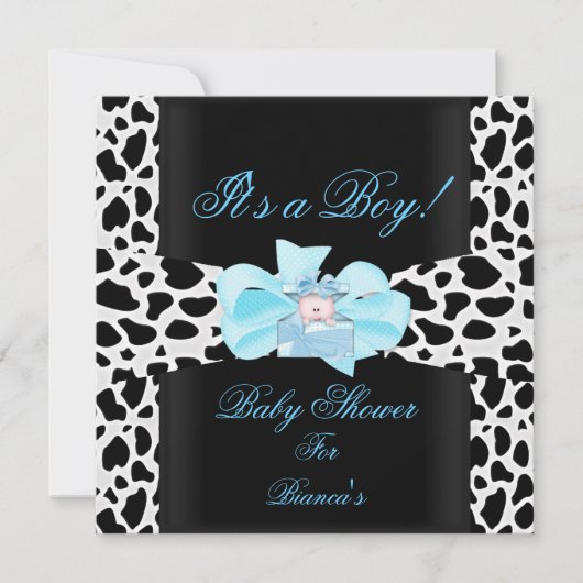 Invitation Baby shower Garçon Bébé Bleu Noir Blanc Vache Impr (Devant)