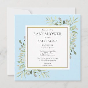 Invitation Baby-Shower Garçon Bleu à l'Aquarelle de Verdure