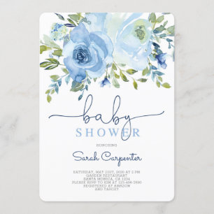 Invitation Baby shower garçon, bleu aquarelle fleuri garçon