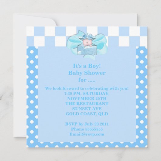 Invitation Baby shower Garçon Bleu Bleu Blanc Pois Check (Dos)