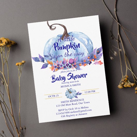 Invitation Baby shower garçon bleu citrouille