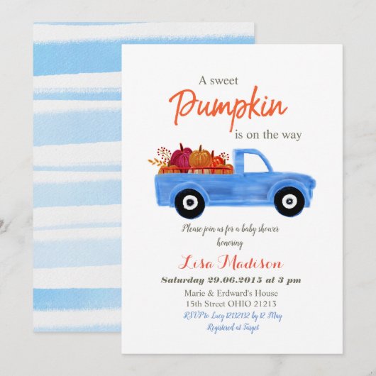 Invitation Baby shower Garçon Bleu Citrouille est en route (Devant / Derrière)