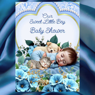 Invitation Baby shower garçon bleu doux Chien chaton
