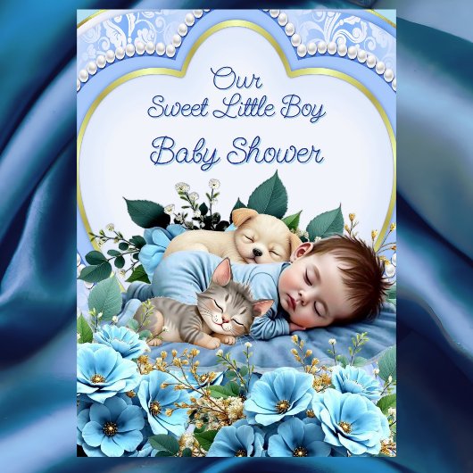 Invitation Baby shower garçon bleu doux Chien chaton