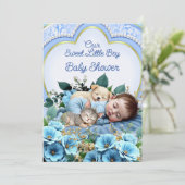 Invitation Baby shower garçon bleu doux Chien chaton (Debout devant)