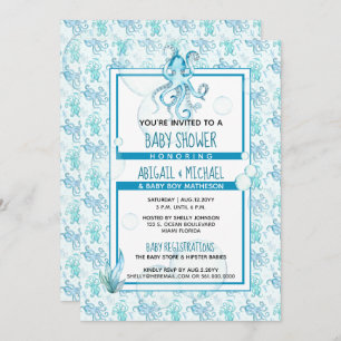 Invitation Baby shower Garçon Bleu et aquarelle Turquoise Oct