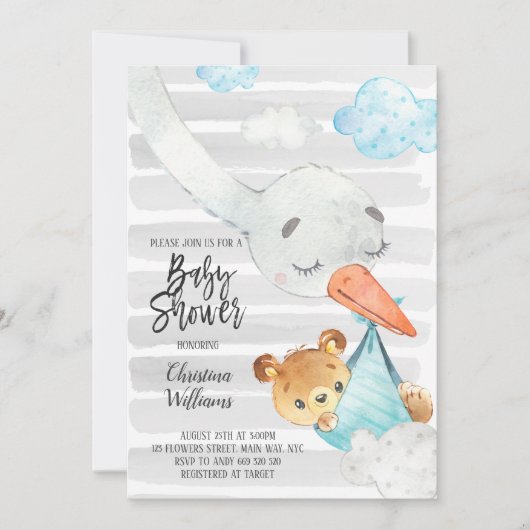 Invitation Baby shower Garçon  Bleu et gris (Devant)