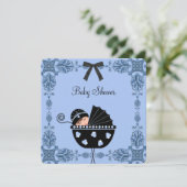 Invitation Baby Shower Garçon Bleu et Noir Damassé (Debout devant)