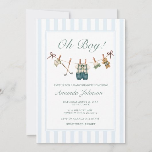 Invitation Baby Shower Garçon Bleu Gingham Golf (Devant)