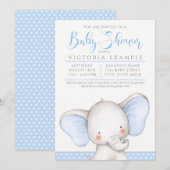 Invitation Baby Shower Garçon Bleu Gris Éléphant (Devant / Derrière)