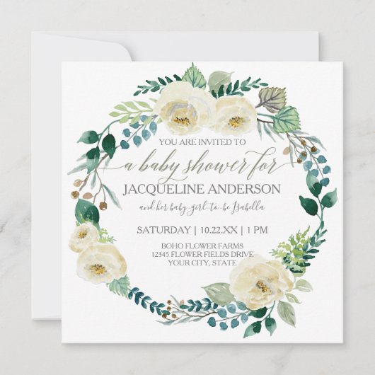Invitation Baby shower garçon bleu n blanc Roses feuille feui (Devant)