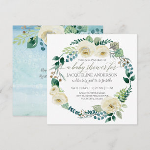 Invitation Baby shower garçon bleu n blanc Roses feuille feui