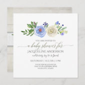 Invitation Baby shower garçon bleu n Roses blanches Bois rust (Devant / Derrière)