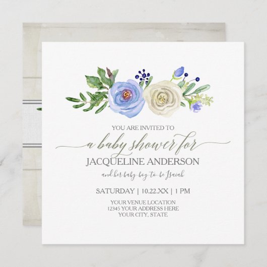 Invitation Baby shower garçon bleu n Roses blanches Bois rust (Devant / Derrière)