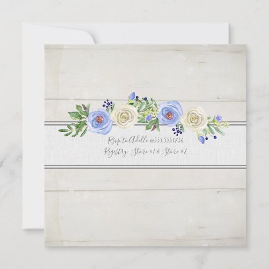 Invitation Baby shower garçon bleu n Roses blanches Bois rust (Dos)