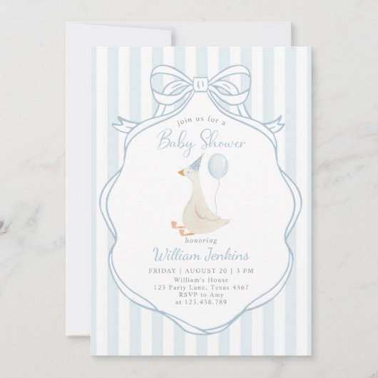 Invitation Baby shower Garçon bleu oie soyeux (Devant)