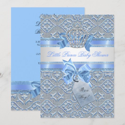 Invitation Baby shower Garçon Bleu Petit Prince Couronne 2 (Devant / Derrière)