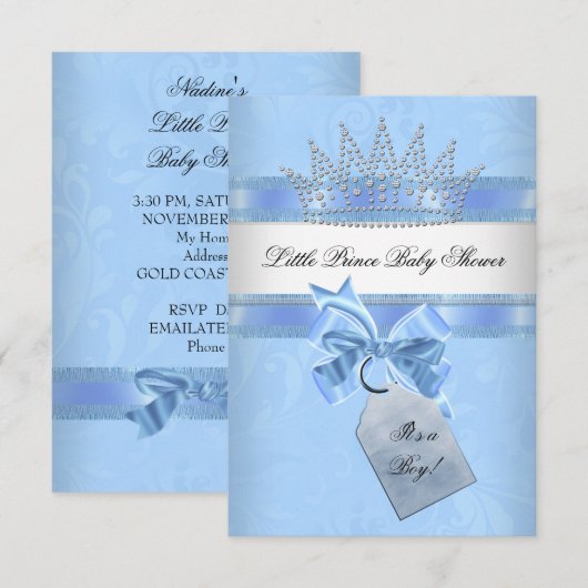 Invitation Baby shower Garçon Bleu Petit Prince Couronne Dama (Devant / Derrière)
