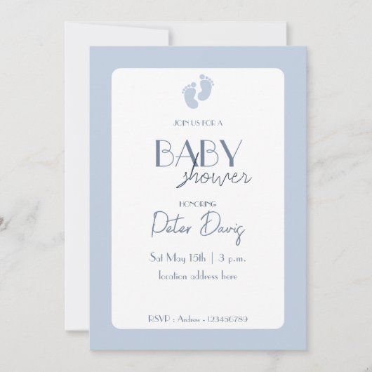 Invitation Baby Shower Garçon Bleu Poussiéreux  (Devant)