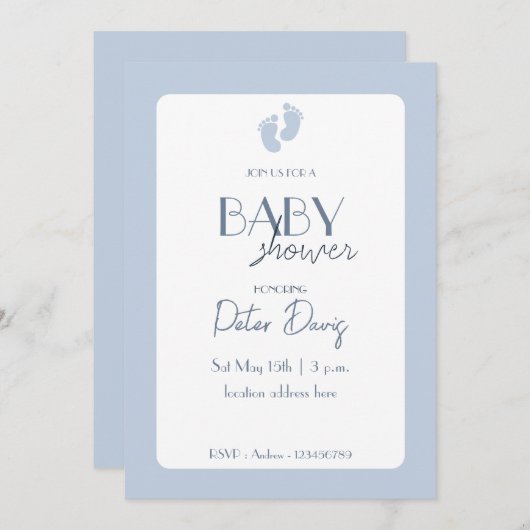 Invitation Baby Shower Garçon Bleu Poussiéreux  (Devant / Derrière)