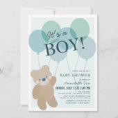 Invitation Baby shower Garçon bleu Teddy Bear Balloon (Devant)
