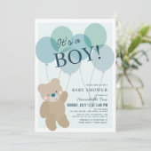 Invitation Baby shower Garçon bleu Teddy Bear Balloon (Debout devant)