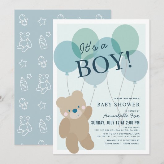 Invitation Baby shower Garçon bleu Teddy Bear Balloon (Devant / Derrière)