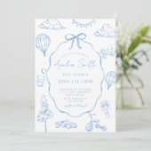 Invitation Baby shower Garçon bleu Toile De Jouy (Debout devant)