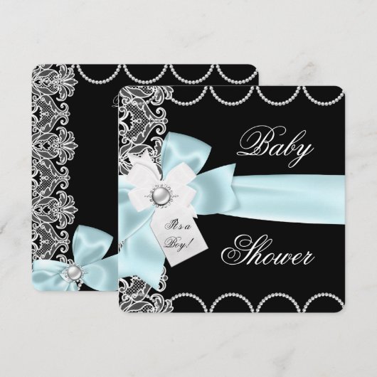 Invitation Baby shower Garçon Bleu Turquoise noir blanc dente (Devant / Derrière)