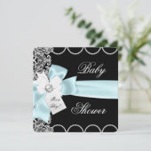 Invitation Baby shower Garçon Bleu Turquoise noir blanc dente (Debout devant)