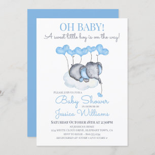 Invitation Baby shower garçon Blue Elephant sur le nuage