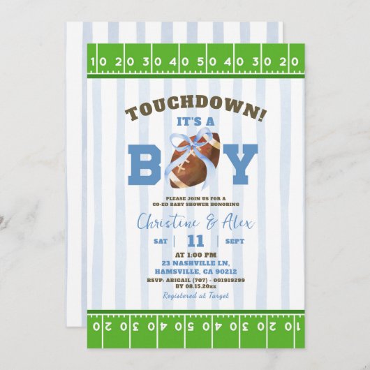 Invitation Baby shower Garçon Blue Quirky Touchdown (Devant / Derrière)
