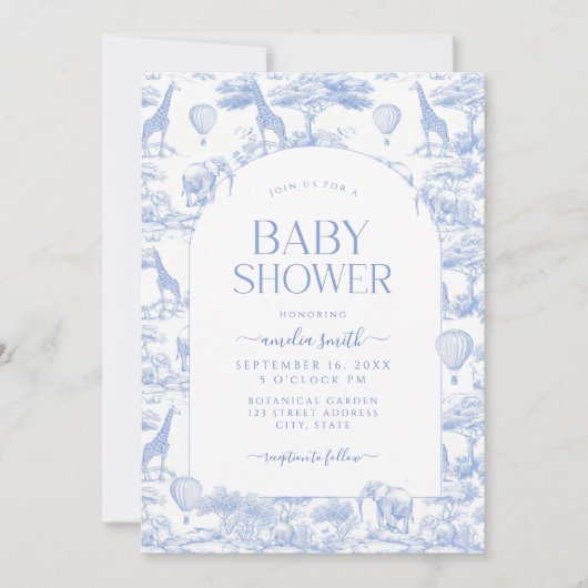 Invitation Baby shower Garçon Blue Safari Toile De Jouy (Devant)