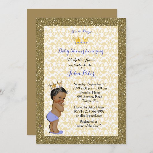 Invitation Baby shower GARÇON, cadre doré, blanc & or. (Devant / Derrière)