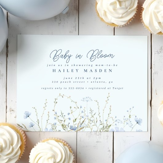 Invitation Baby shower garçon chic Blue Sky Fleurs sauvages