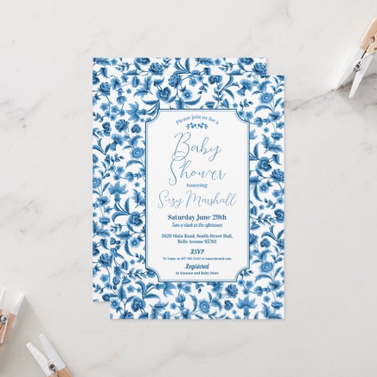 Invitation Baby Shower Garçon Chintz Bleu & Blanc Floral Dits (Devant/Arrière en situation)