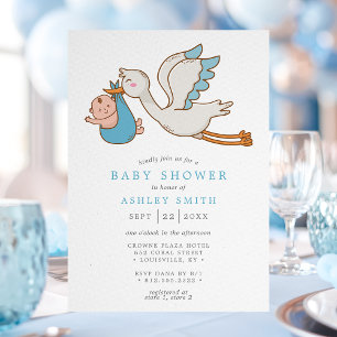 Invitation Baby Shower Garçon cigogne volante bleue