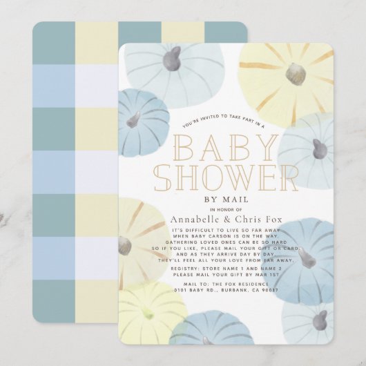 Invitation Baby shower garçon Citrouille bleu et jaune par co (Devant / Derrière)