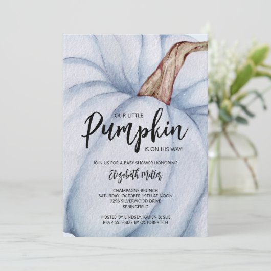 Invitation Baby shower Garçon Citrouille bleu tout en un (Debout devant)