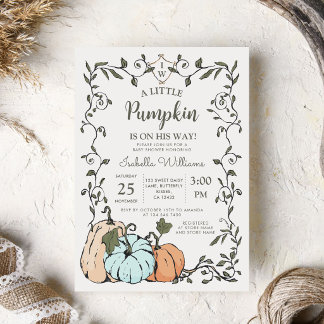 Invitation Baby Shower Garçon Citrouille Orange Bleu Vintage