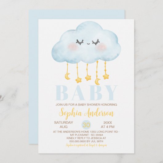 Invitation Baby shower Garçon Cloud bleu (Devant / Derrière)
