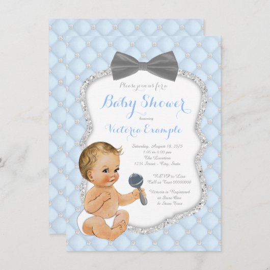 Invitation Baby shower garçon Cravate bleu gris (Devant / Derrière)