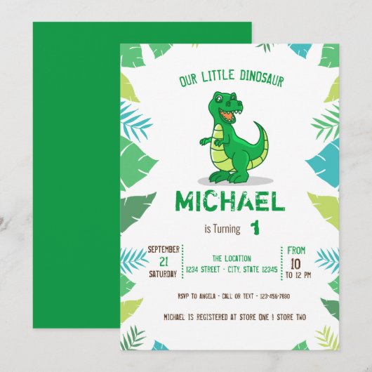 Invitation Baby shower garçon Cute Dinosaur (Devant / Derrière)