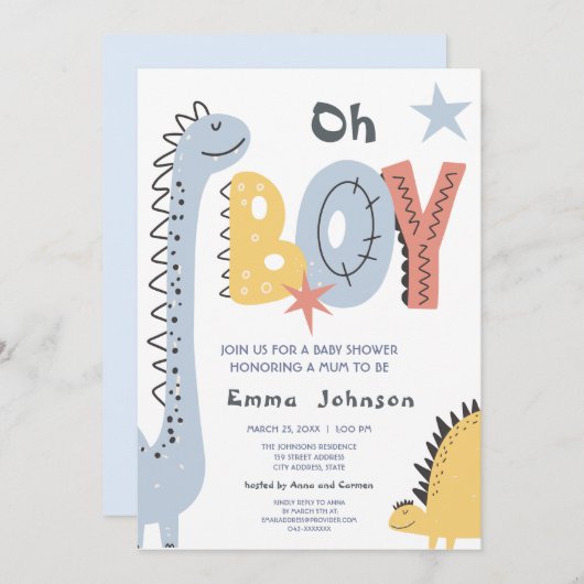 Invitation Baby shower garçon Cute Dinosaur (Devant / Derrière)