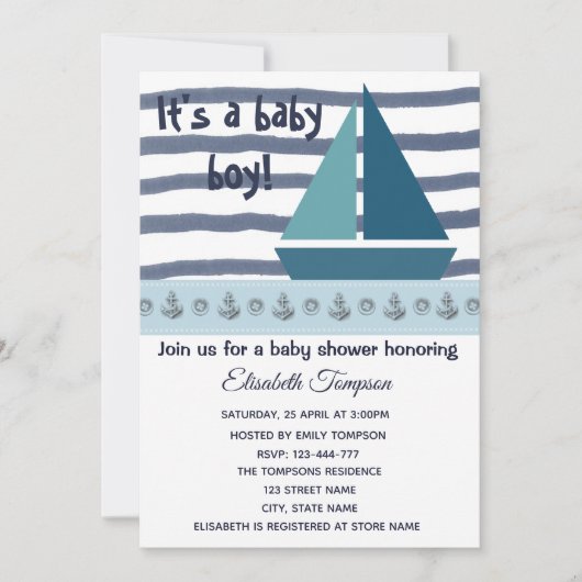 Invitation baby shower garçon de navire et d'ancres nautiques (Devant)