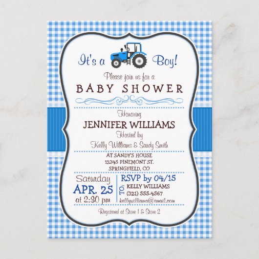 Invitation Baby shower garçon de tracteur de ferme (Devant)