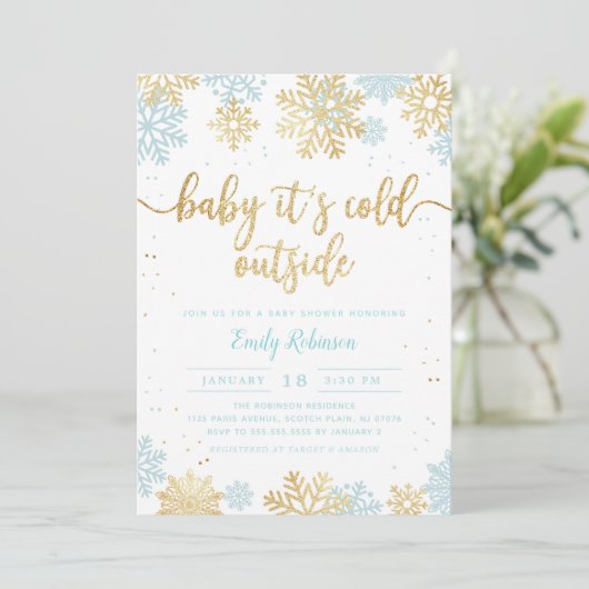 Invitation Baby shower Garçon d'hiver Blue and Gold Snowflake (Debout devant)